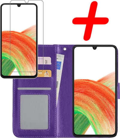 Hoesje Met Screenprotector - Geschikt voor Samsung Galaxy A33 - Luxe Pasjeshouder - Bookcase Portemonee - Flip Case - Kunstleer Book Case - Flipcase - Book Cover - Walletcase - Portemonneehoes - Paars