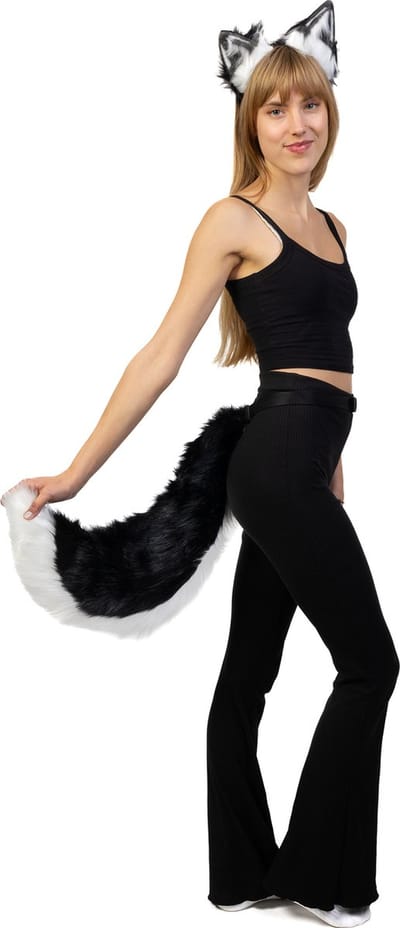 KIMU® Haarband Furry Oren & Staart Set Zwart Wit - Stinkdier Kat Poes Diadeem Dons Dieren - Dierenoren Oortjes Staartje Vilt Lynx Wolf Haren Festival