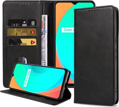Smartphonica Telefoonhoesje geschikt voor Realme C11 kunstleren Hoesje met Magnetische sluiting en Pasjeshouders Book Case met Klepje - Zwart geschikt voor Realme C11