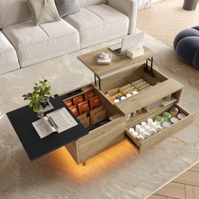PHOEBE CAT Salontafel - In hoogte verstelbaar - LED-verlichting - Met lade - Zwart + Natuurlijke