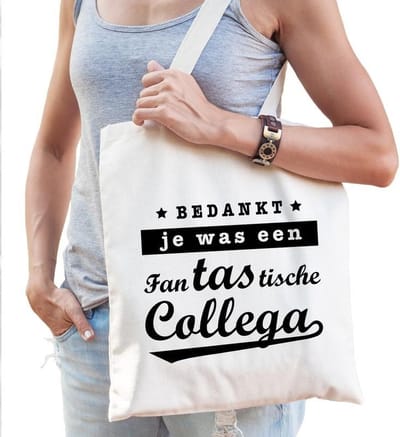 Katoenen cadeau tasje - shopper - fantastische collega - naturel - dames - afscheid - pensioen