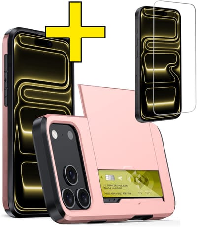 Hoesje Geschikt voor iPhone 17 Pro Hoesje Case Pashouder Hard Cover Met Screenprotector - Hoes Geschikt voor iPhone 17 Pro Hoesje Met Kaarthouder - Rosé goud
