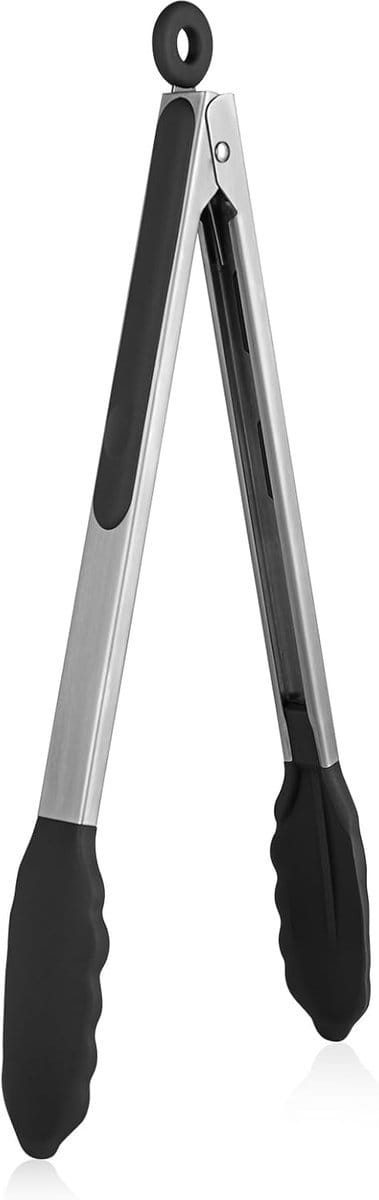 30cm Siliconen Keukentang: 250°C Hittebestendig Koken Tang Met Stevige Metalen Uiteinden Uit één Stuk en Antislip Handvat Met Siliconencoating en Een Gladde Sluiting (Zwart)