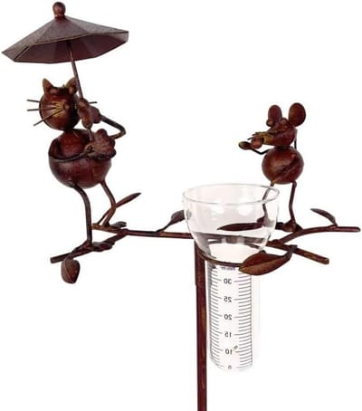 Regenmeter Tuin - Watermeter Planten - Regenval Meten - Decoratief Kat Muis - 119 cm Hoog - Bruin