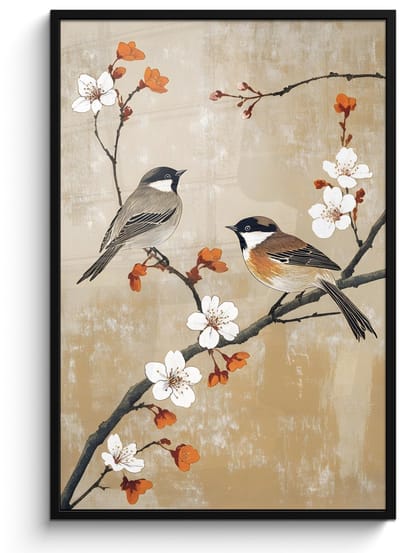 Poster in lijst - Fotolijst 80x120 cm - Posters - Vogels - Bloesemtak - Bloemen - Oranje - Posterlijst zwart - Decoratie - Wanddecoratie woonkamer - Muurdecoratie slaapkamer