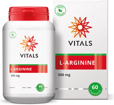 Vitals L-arginine 500 mg - 60 capsules - aminozuren. In een plantaardige capsule aangevuld met hulpstoffen uit natuurlijke bron.
