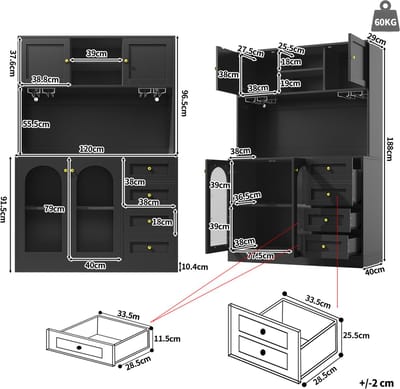 MODENUIT Buffetkast - LED-Verlichting En 4 Deuren - Voor Keuken En Woonkamer - MDF En Glas - 120x40x188 cm