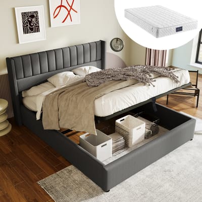 MEUNIQ gestoffeerd tweepersoons bed 140x200 cm met hydraulische opbergruimte, lattenbodem, metalen frame en gevoerd hoofdbord voor slaapkamer, grijs