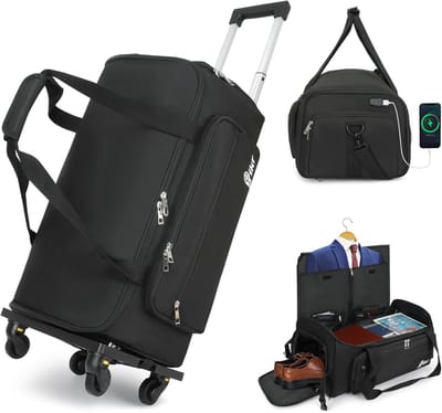 Hikr Zakelijke Kledingtas – Kostuumtas met wieltjes en USB voor pak – Waterdichte garment bag – Opvouwbare trolley – Handbagage 55x35x25cm – Weekendtas – Zwart