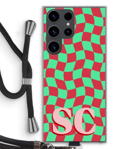 Gepersonaliseerd - Case Company® - Hoesje met koord geschikt voor Samsung Galaxy S23 Ultra hoesje met Koord - Grid Monogram - Telefoonhoesje met Zwart Koord - Bescherming aan alle Kanten en Over de Schermrand