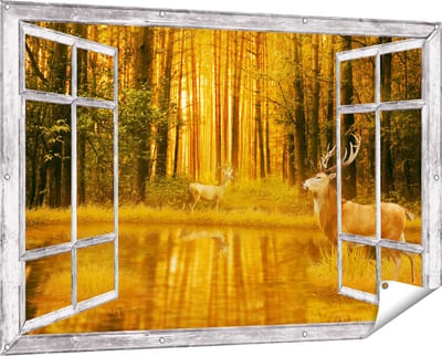 Gards Tuinposter Doorkijk Twee Herten in het Bos bij het Water - 150x100 cm - Tuindoek - Tuindecoratie - Wanddecoratie buiten - Tuinschilderij