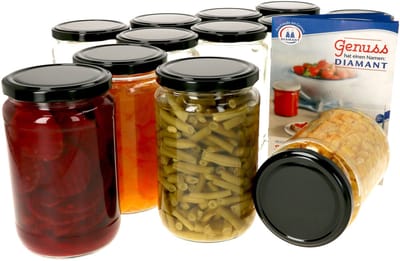 Set van 12 ronde potten 720 ml To 82 zwart deksel incl. Diamant Gelierzauber receptenboekje