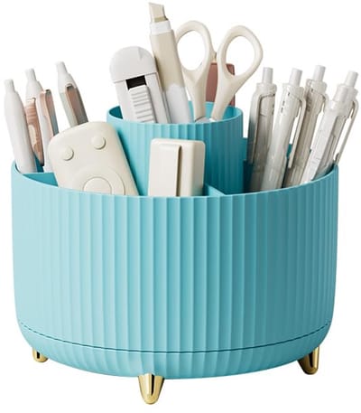 Bureau-opbergbox - 360 graden draaibare opbergbox voor op kantoor - Pennenhouder - 5 sorteervakken voor pennen - Ruimtebesparende bureau-opbergbox - Blauw - 15*12,5cm