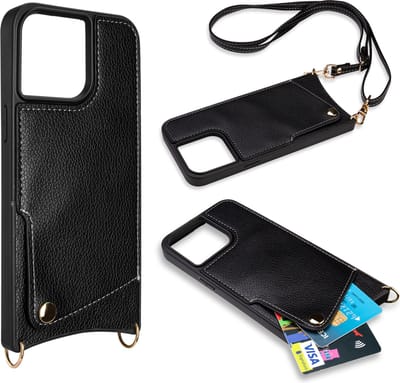 Casemania Hoesje Geschikt voor Apple iPhone 15 Pro - Back Cover met Draagkoord - Pasjeshouder Hoes met Bandje - Crossbody Telefoonhoesje - Lanyard Case - Zwart