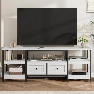 Modern industrieel tv-meubel voor de woonkamer – 2 lades-open planken-metalen frame– Ideaal voor tv's tot 165 cm–Antiek witte afwerking – 1-6 meter