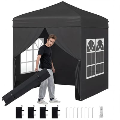 Partytent - 2 x 2m - Zijwanden - Easy Up - Paviljoen - Opvouwbaar - Waterdicht - Weerbestendig - Zwart