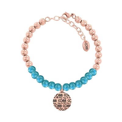 CO88 Collection 8CB-14011 - Armband met bedel - stalen en Jade natuursteen 6 mm - CO88 logo - lengte 17 + 5 cm - blauw / rosékleurig