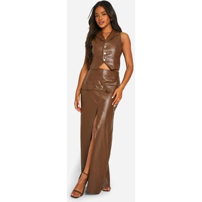 boohoo Dames Faux Leather Zakdetail Wrap Maxi-Rok | Chocoladebruin | Maat: 34