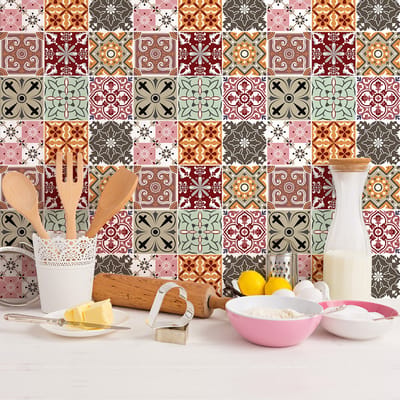 Zelfklevende tegelmuurstickers voor keuken en badkamer - 9 Natacha cementtegelstickers - 9 stickers 10x10cm