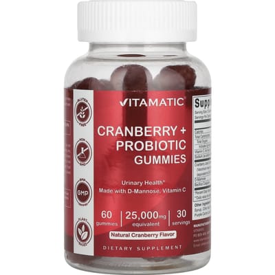 Vitamatic, gommes cranberry + probiotiques, cranberry naturel, 25 000 mg, 60 gommes (12 500 mg par gummie)