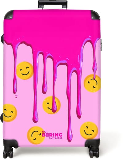 NoBoringSuitcases.com® - Koffer groot - Reiskoffer lichtgewicht - Druipend roze verf over smiley's - Rolkoffer met 4 wielen - Grote trolley XL - 98 liter bagage
