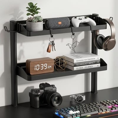 2-laags clamp-on bureau-organizer met hoofdtelefoonhouders en haken, doe-het-zelf plank voor gaming-apparatuur en kantoorbenodigdheden, eenvoudig te monteren zonder boren