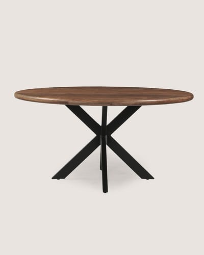 Ronde Eettafel 140 cm Mangohout – Bruin – Zwart Metalen Matrix Onderstel – Landelijk – 5-6 Personen