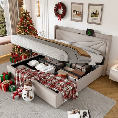 KOMHTOM Tweepersoonsbed 180x200 cm bed Commode Opbergbed Hoofdbord met USB-oplaadfunctie Beige