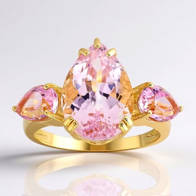 Cavill - Handgemaakte Zilveren Ring - 925 Sterling Zilver Verguld - Peervormige Roze Kunziet 7,12 ct & 2 Kleine Edelstenen - Luxe Elegante Damesring