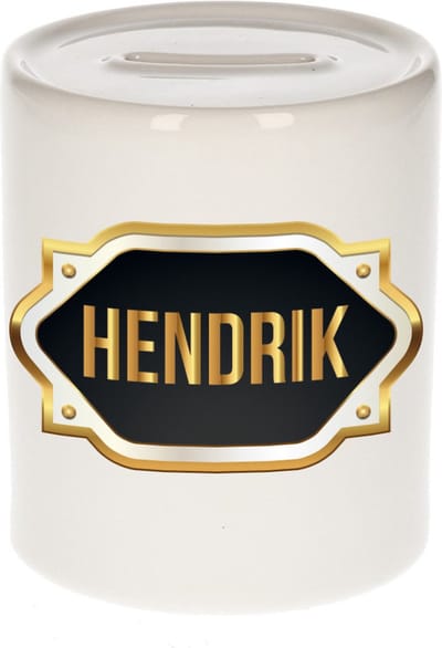 Spaarpot met voornaam Hendrik - wit - met goud/zwart embleem - 8 x 9 cm - keramiek - met afsluitdop - cadeau verjaardag