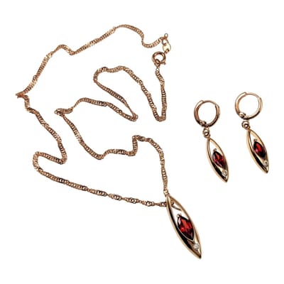 Driedelige Set Dames - Rose Gold Plated - Ketting met Hanger en Lange Oorbellen met Rode Zirkonia