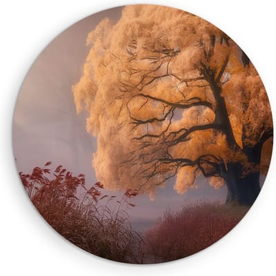 Saammp Muurcirkel Hout - Hefst Achtig Landschap - Natuur - Bloemen - Ø 90 - Wandcirkel - Wanddecoratie Cirkel - Muurdecoratie Woonkamer - Slaapkamer decoratie - Rond Schilderij