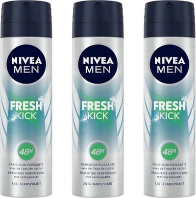 NIVEA MEN Fresh Kick Anti-Transpirant Spray - 3 x 150 ml - 48 uur bescherming - Met cactuswater - Alcoholvrij