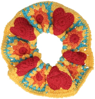 Haarsoires Haarelastiek Scrunchie – Gehaakte Stof – Hart Zon Motief – Rood Geel - Haarkrinkel - Haar Elastiek met Stof - Zacht & Haarvriendelijk