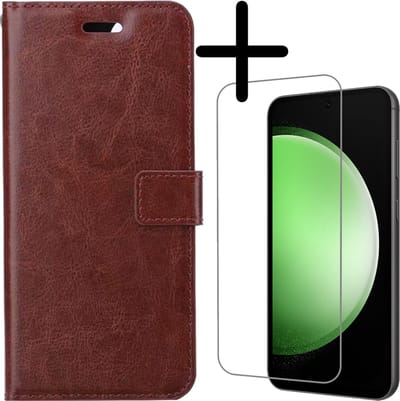 Hoesje Met Screenprotector - Geschikt voor Samsung Galaxy S23 FE - Luxe Pasjeshouder - Bookcase Portemonee - Flip Case - Kunstleer Book Case - Flipcase - Book Cover - Walletcase - Portemonneehoes - Bruin