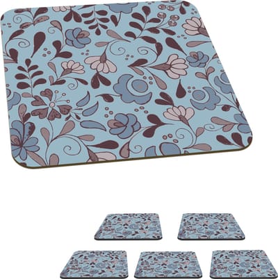Onderzetters voor glazen - Patroon - Bloem - Grijs - Blauw - 10x10 cm - Glasonderzetters - 6 stuks