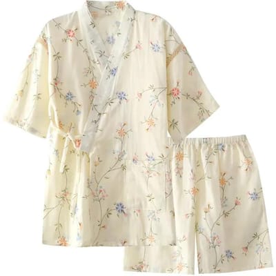 Zomer Mousseline Pyjama voor Dames Cardigan V-hals Korte mouwen Shorts 2-delig Nachtkleding Bloemen Zoet Kimono Katoenen Pyjama XL white