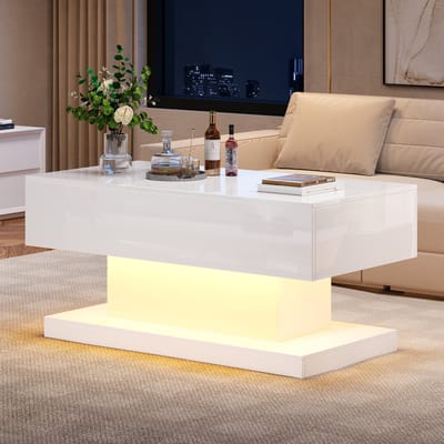 STILVORA Salontafels - Hoogglans Koffietafel Met Hydraulisch Liftmechanisme - Met Interne Opbergruimte - Voor Interieur - Hout - Wit - 100x50x45 cm