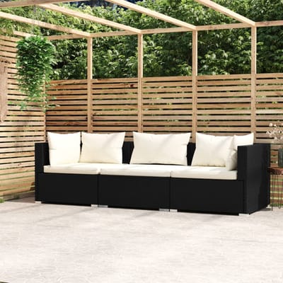vidaXL - Driezitsbank - met - kussens - poly - rattan - zwart
