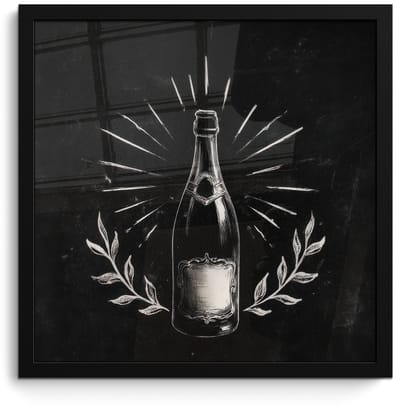Poster in lijst - Fotolijst 40x40 cm - Posters - Champagnefles - Lauriertakken - Zwarte achtergrond - Posterlijst zwart - Decoratie - Wanddecoratie woonkamer - Muurdecoratie slaapkamer