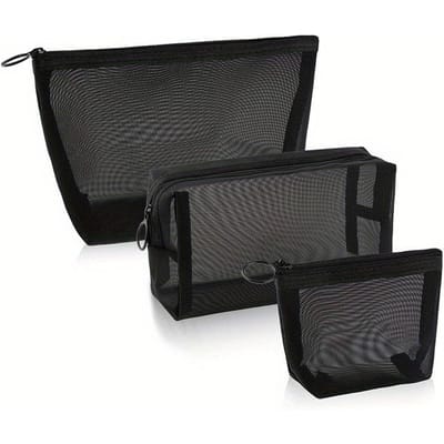 Lot de 3 trousses de maquillage transparentes en maille, petites et grandes, noires, portables, de voyage, de toilette, de rangement pour rouge à lèvres gray