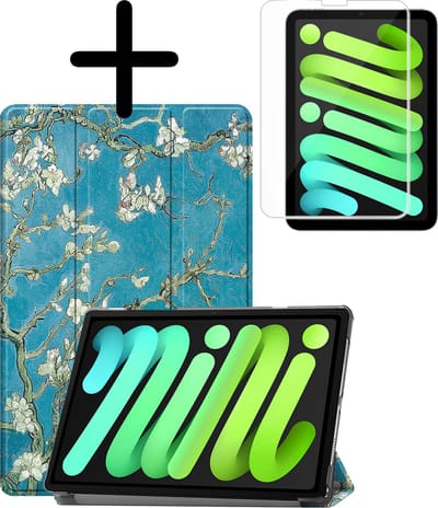 Hoesje Geschikt voor Apple iPad Mini 7 (2024) - 8.3 inch - 7e Generatie - Met Screenprotector - Trifold Bookcase - Hard Cover - Hardcover Book Case - Tablet Hoes - Bloesem
