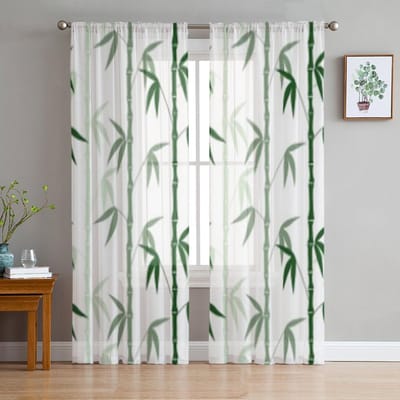 Abstract Bamboe Patroon Witte Tule Transparante Gordijnen voor Woonkamer de Kamer Slaapkamer Keuken Decoratie Voile Organza Gordijnen 135W x 114H(cm) white