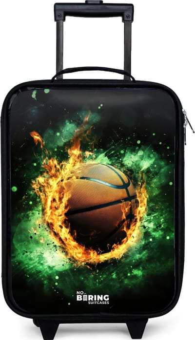 NoBoringSuitcases.com® - Kinderkoffer jongen - Kindertrolley meisje - Basketbal in vlammen en explosieve energie - Koffer kind lichtgewicht - Reiskoffer trolley voor kinderen - Koffertje met lichtgevende wieltjes - Rolkoffer zwart