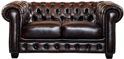 Vente-unique Driezits- en tweezitsbank en fauteuil Chesterfield BRENTON 100% buffelleer - Bruin met donkerbruine weerschijn