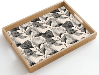 Dienblad hout 50x35 cm - Schootdienblad - Botanisch - Bladeren - Zwart - Borrelplank rechthoek - Plateau dienbladen