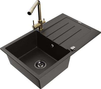 Mexen Bruno granieten spoelbak met 1 bak en afdruiprek en keukenmengkraan Duero, zwart/goud metallic - 6513-75-671600-50-B