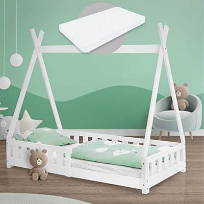 Kinderbed Tipi 80x160 cm met Matras en Valbeveiliging - Houten Huisbed