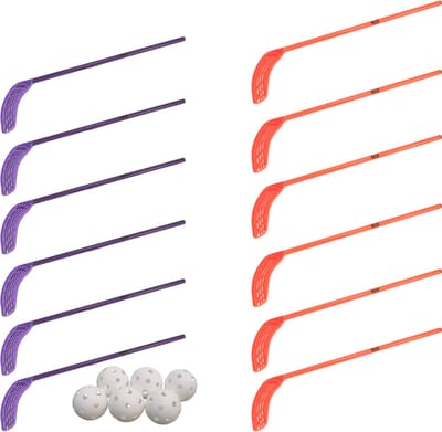 MDsport - Unihockey sticks - Floorball sticks - Kunststof hockeysticks - Set van 12 + 6 ballen - Voortgezet onderwijs - Paars / Oranje