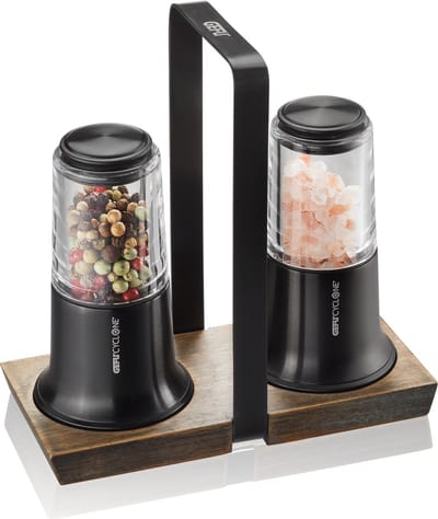 GEFU X-PLOSION® Peper- en Zoutmolen Set – 2-delig – Zwart – Met Acaciahouten Houder